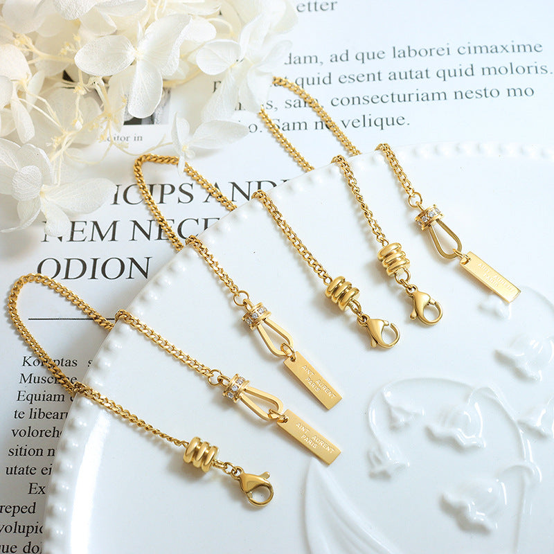 inlaid zircon lettering square brand pendant bracelet retro minimalist design hand jewelry titanium steel plated with 18K gold