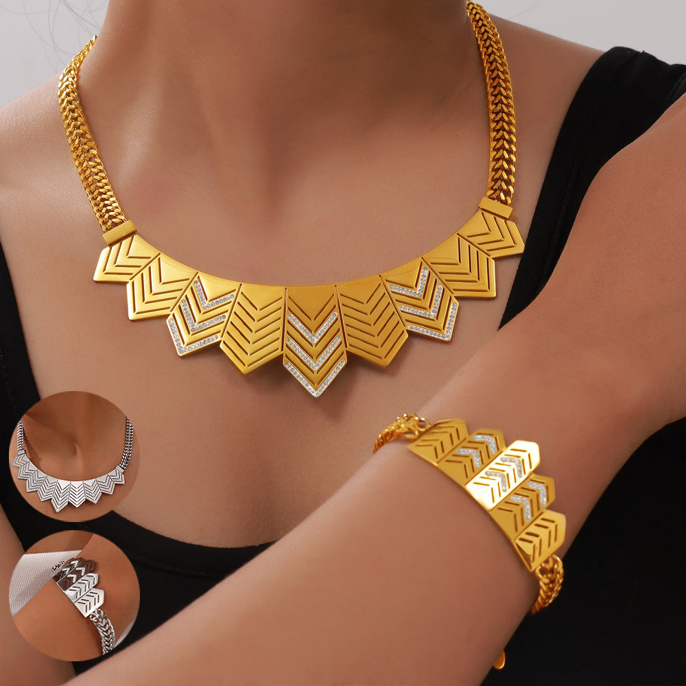 European and American ins style niche hip-hop geometric jewelry hollow flag diamond design sense personalized titanium steel jewelry set