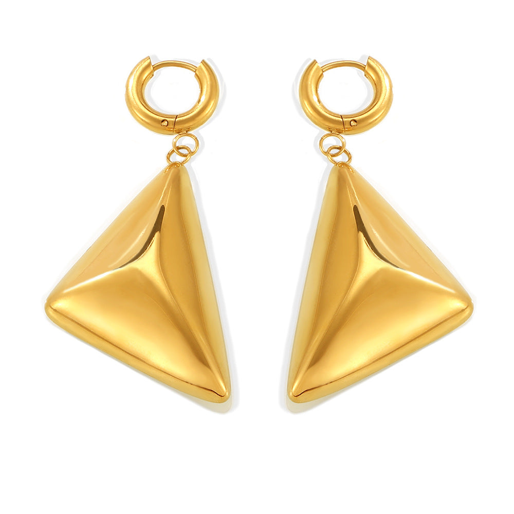 Trend retro style design earrings 18k gold stainless steel triangular three-dimensional pendant earrings spot wholesale