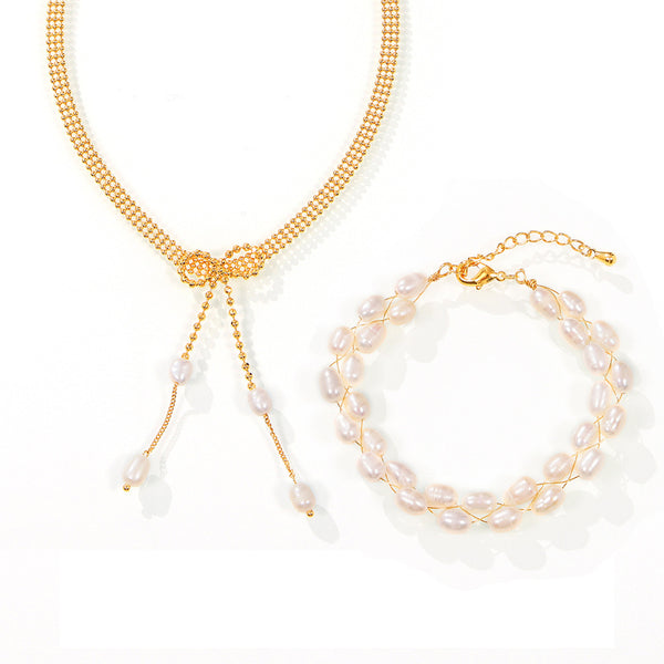 Elegant temperament gentle freshwater pearl jewelry geometric multi-layer line design copper jewelry set
