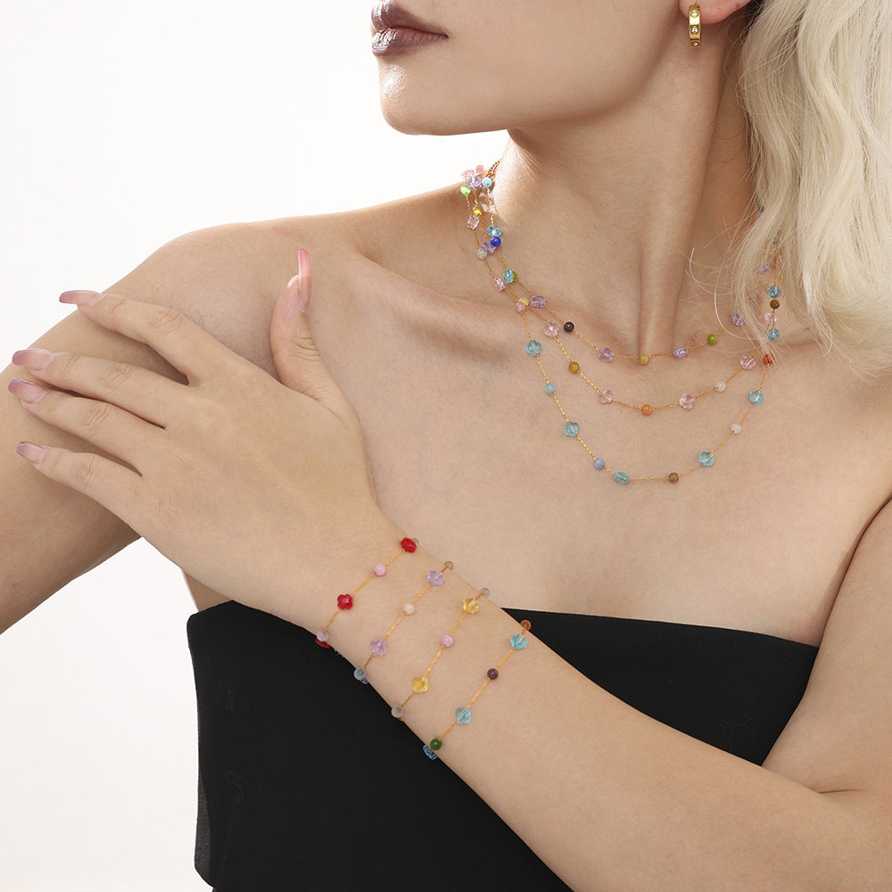 Colorful natural stone collarbone necklace bracelet, stainless steel niche dopamine handmade chain set for women