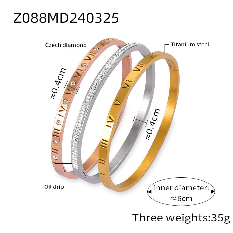 Retro niche personality unique simple jewelry engraved Roman numerals design sense diamond inlaid titanium steel gold plated bracelet