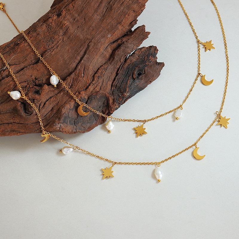 Versatile Star Moon Natural Freshwater Pearl Tassel Clavicle Necklace Women's Niche Light Luxury Design 99