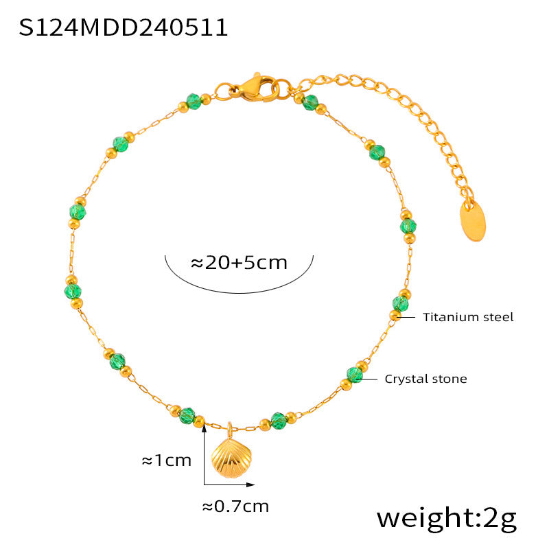 Casual style retro shell small gold brick pendant niche green beaded design temperament titanium steel gold-plated anklet