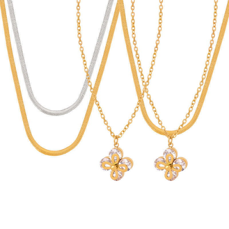 Fashion commuter simple personality versatile blade chain jewelry four-leaf clover inlaid zircon pendant titanium steel gold-plated necklace pp