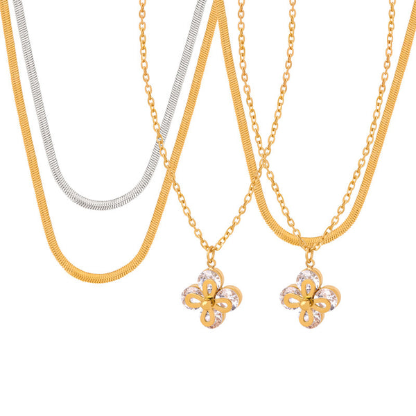 Fashion commuter simple personality versatile blade chain jewelry four-leaf clover inlaid zircon pendant titanium steel gold-plated necklace pp
