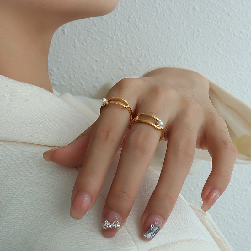 Design Titanium steel gold-plated non-fading personalized geometric return ring versatile imitation pearl personalized ring 99