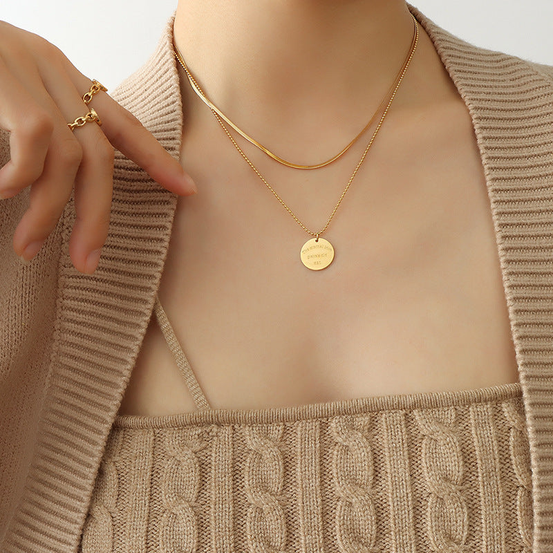 Niche Versatile Temperament Sweater Chain, English Letter Round Brand Pendant Double Chain Titanium Steel Gold Plated Necklace