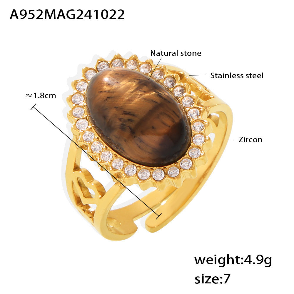 Wave Zircon Oval Natural Stone Open Ring Stainless Steel PVD Plating Adjustable Spot Supply