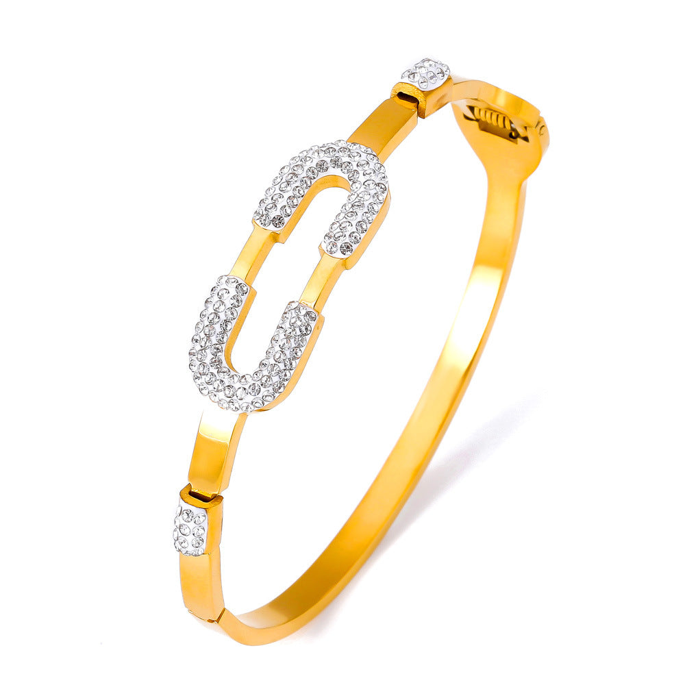 Simple niche personality bracelet geometric diamond-set design sense back-shaped spring titanium steel gold-plated bracelet pp