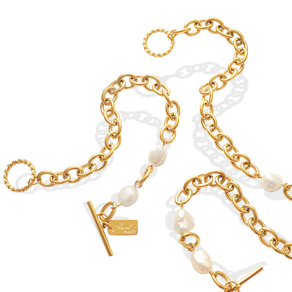OT buckle geometric square brand simple freshwater pearl gold Christmas bracelet women, titanium steel jewelry wholesale E182