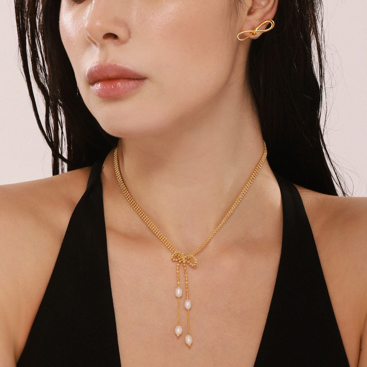 Bow stud earrings fringed freshwater pearl necklace stainless steel plated 18K real gold niche sweet wind set
