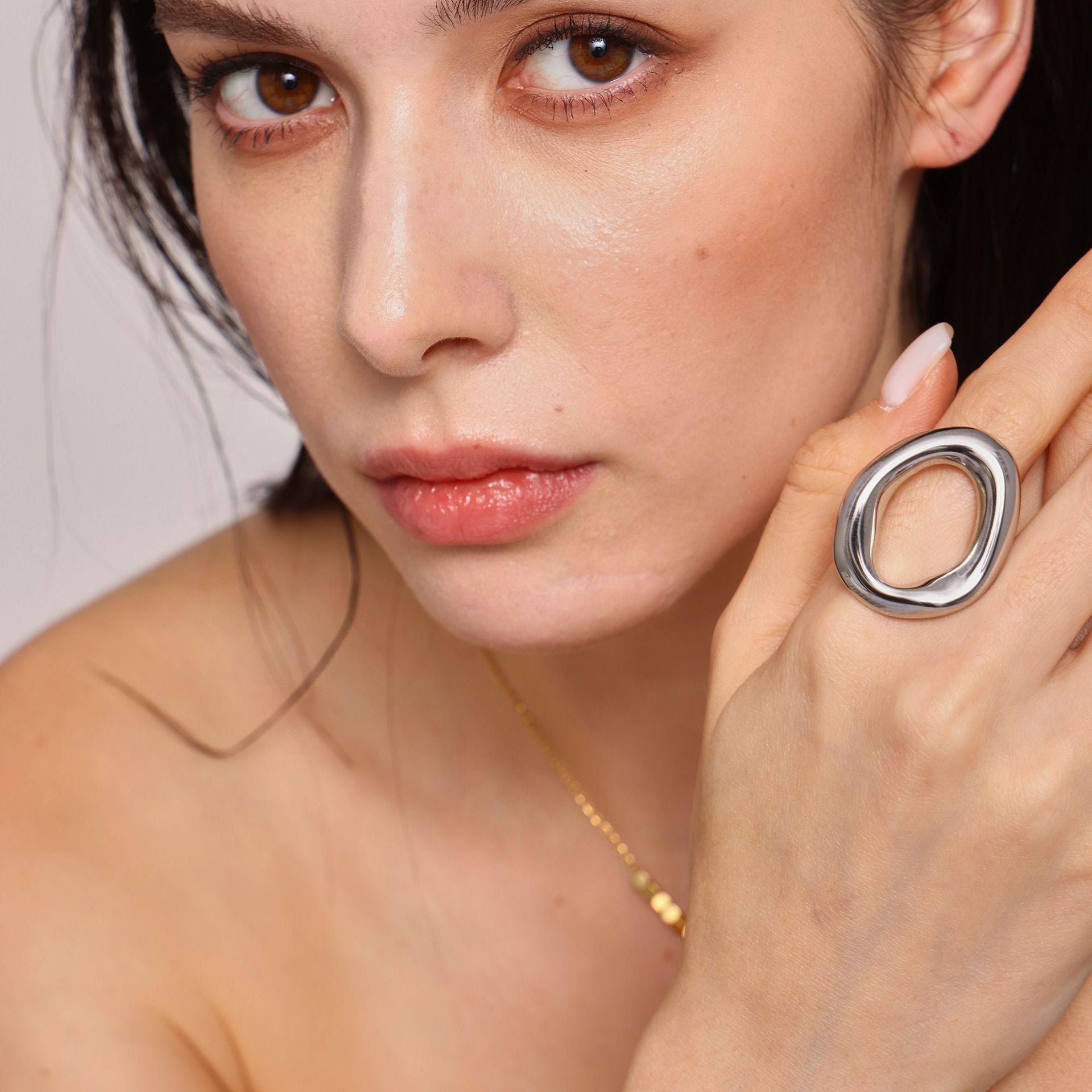Exaggerated opening hollow ring square brand letter collarbone necklace stainless steel plated 18K real gold set tide