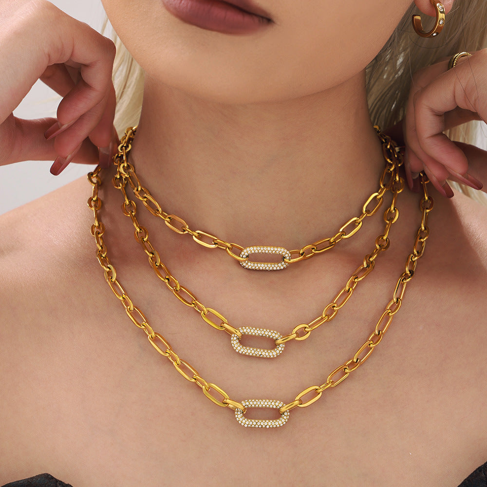 Titanium steel jewelry stainless steel micro-inlaid zircon collarbone necklace bracelet simple and exquisite set tide
