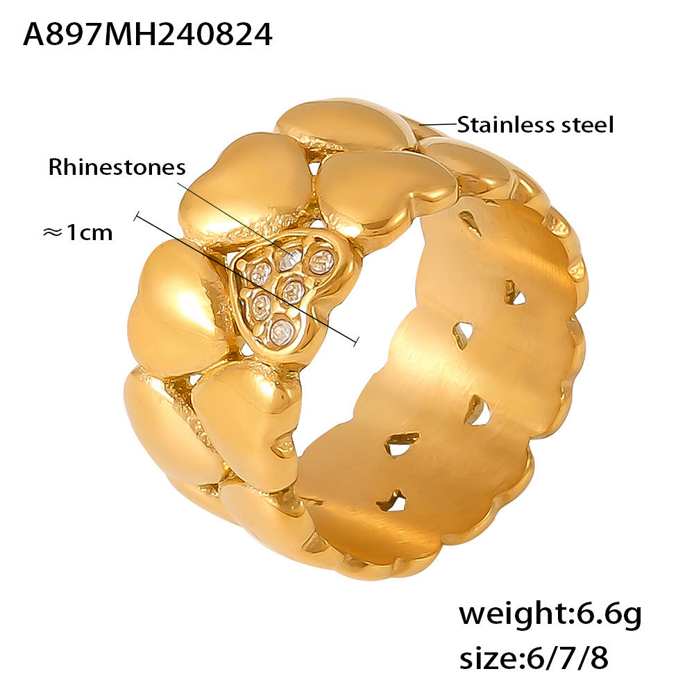 Vintage medieval love ring plated with 18K real gold stainless steel diamond double-layer stacked niche peach heart ring female 99