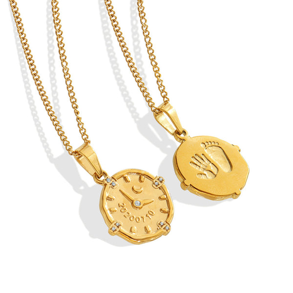 Vintage zircon inlaid watch time necklace double-sided hand and foot imprint pendant collarbone chain titanium steel accessories