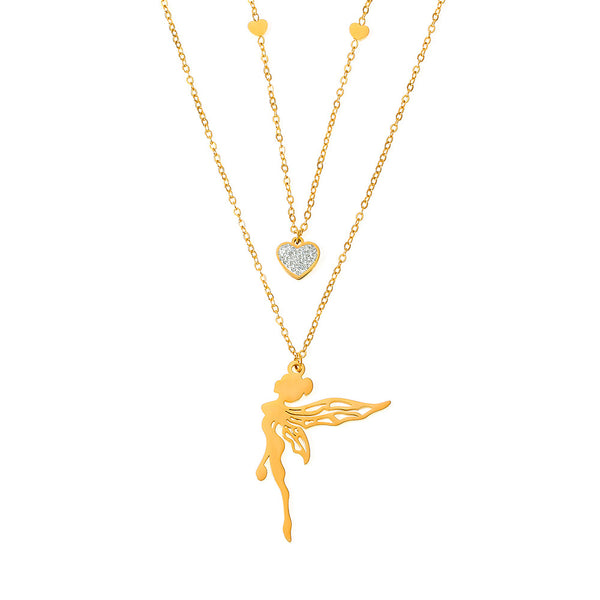 Sweet and elegant personality double-layer stacked wind necklace angel pendant with diamonds love design titanium steel jewelry