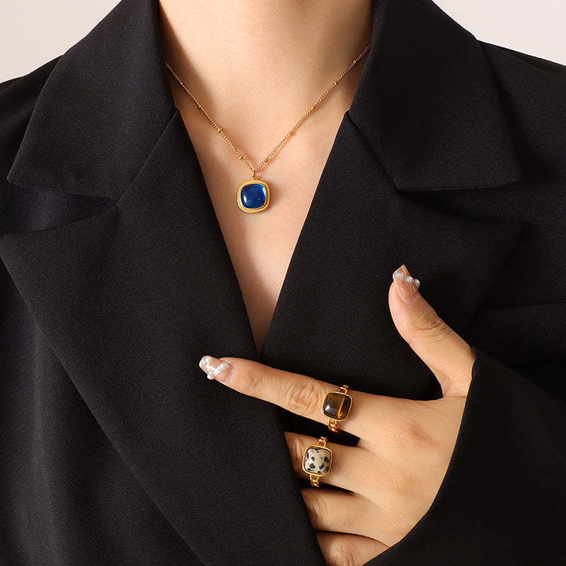 Accessories Women's Natural Crystal Stone Square Pendant Necklace Earrings, Titanium Steel Plated 18K Gold Jewelry Set pp