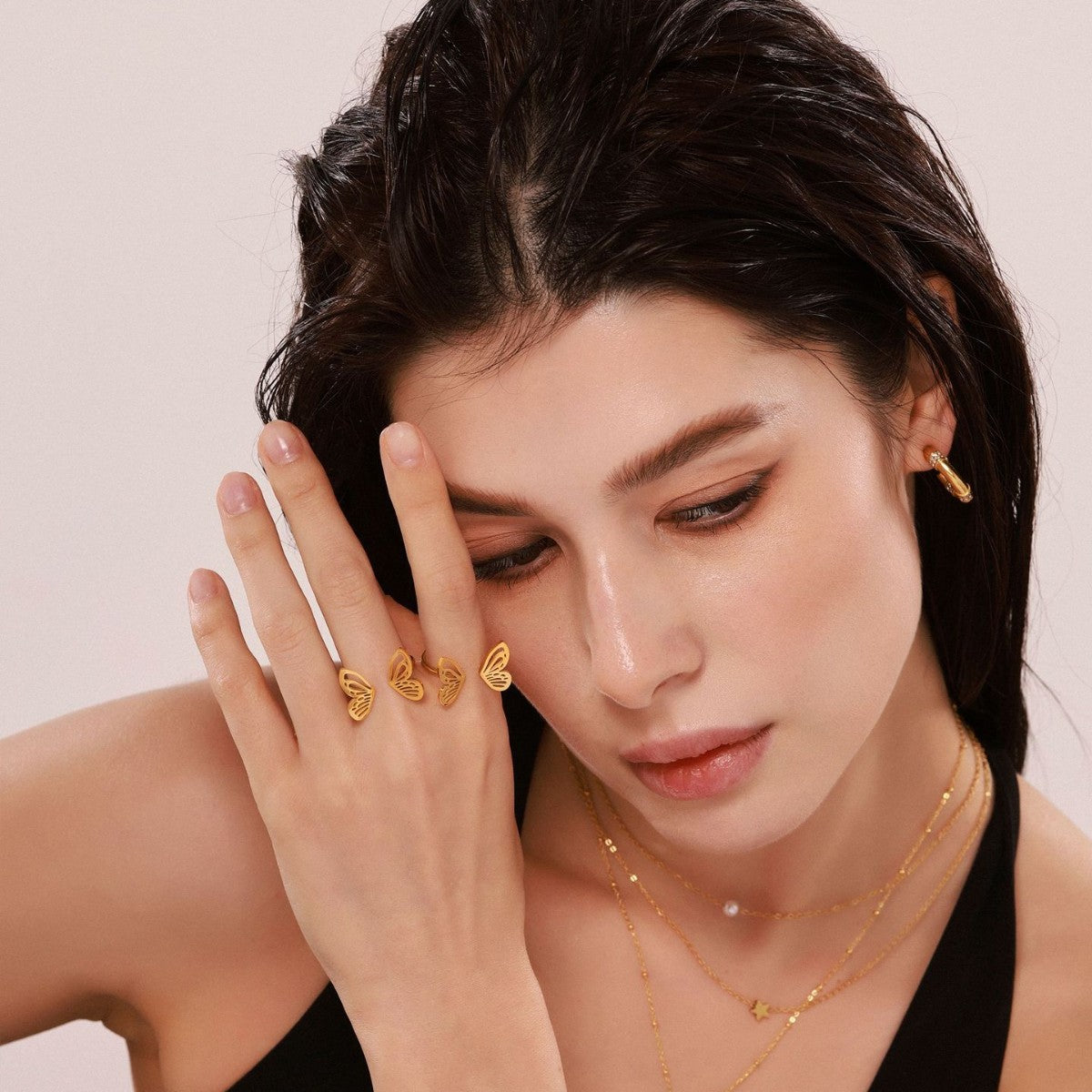 Butterfly fairy ring female creative opening niche design stainless steel plated 18K real gold color retention hand jewelry 99