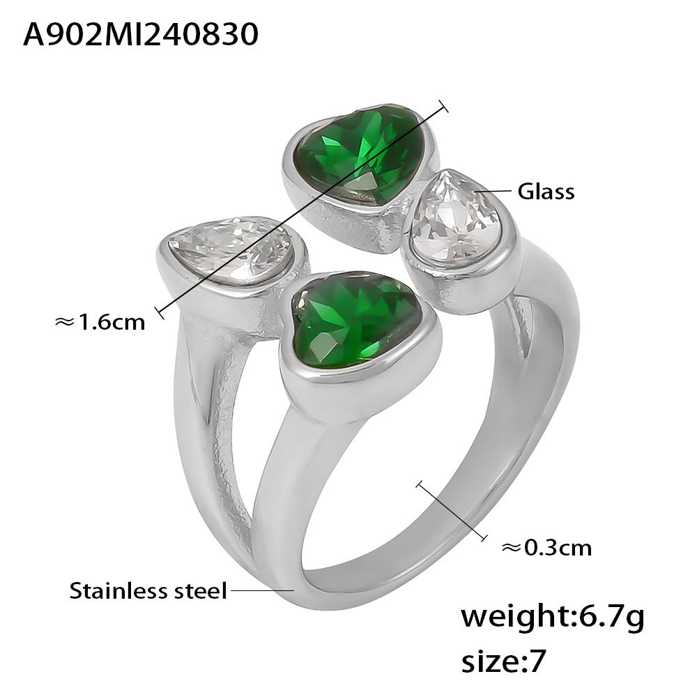 Fashion double-layer love water drop glass stone ring niche design stainless steel open jewelry women