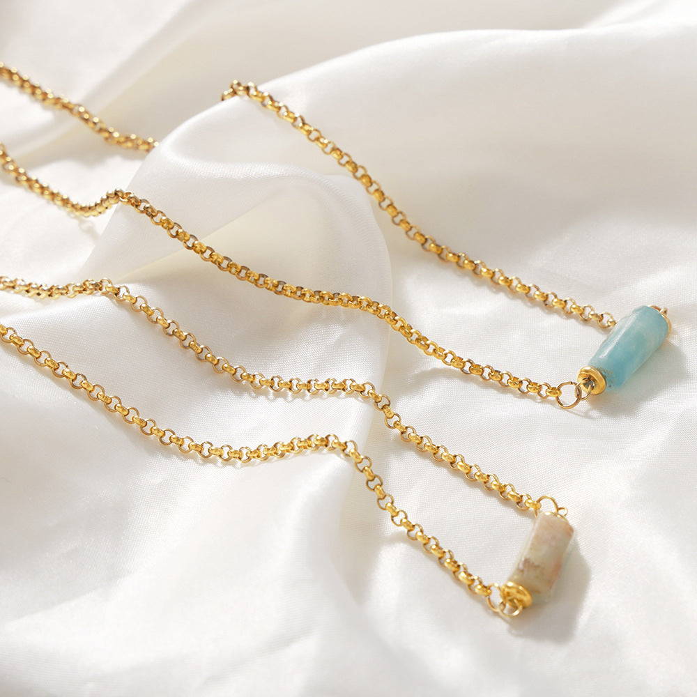 New retro personality niche titanium steel gold-plated geometric irregular natural stone pendant necklace jewelry women