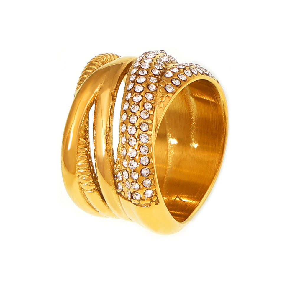 New cross-woven multi-row diamond ring titanium steel plated 18k real gold light luxury fashion ring 99