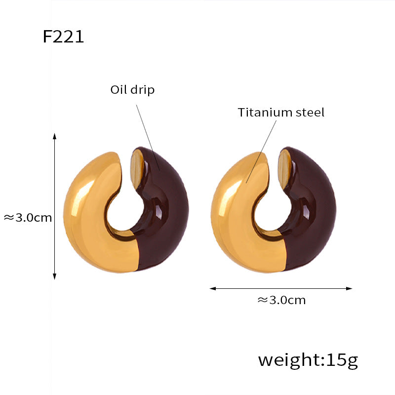 New exaggerated personality fashion versatile titanium steel gold-plated geometric U-shaped striped enamel drip earrings jewelry