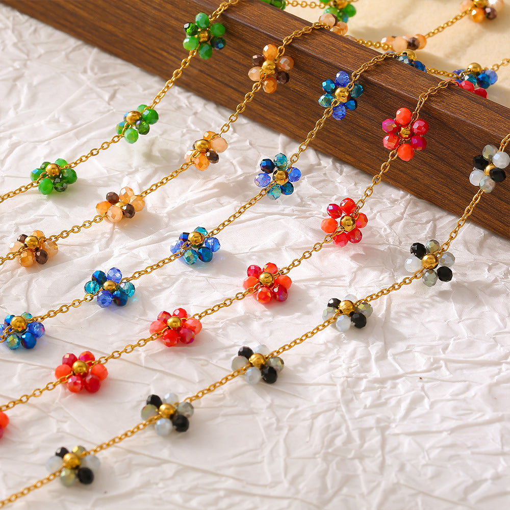 Beaded necklace bracelet anklet handmade girl flower glass bead titanium steel chain jewelry set 99