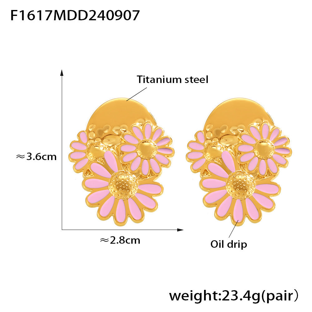 Chrysanthemum stud earrings 18k gold titanium steel small daisy oil dripping earrings women's temperament retro earrings wholesale