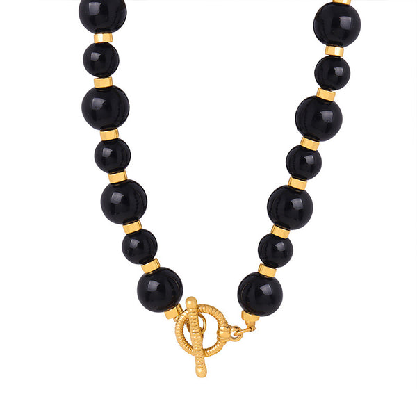 High-end light luxury niche personalized design natural black agate handmade beaded OT buckle necklace jewelry female pp