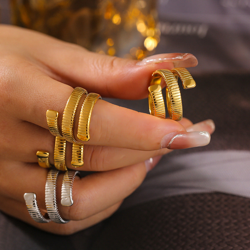 New geometric wound threaded ring titanium steel plated 18k gold opening non-adjustable ring wholesale pp