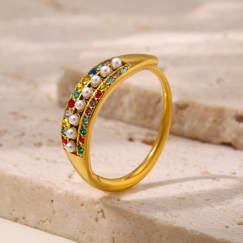 Adjustable exquisite small bead colored zircon side opening index finger ring tail ring stainless steel ring female pp