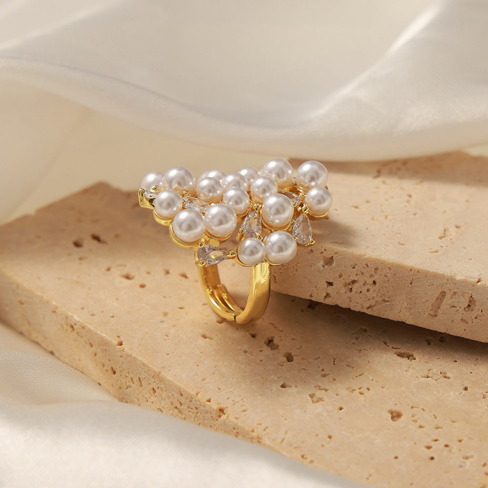 New fashion light luxury copper material irregular design zircon imitation pearl adjustable ring jewelry women