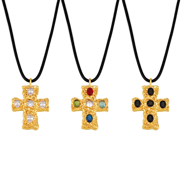 Beat Glass Cross Black Rope Necklace Titanium Steel 18K Gold Plated PVD Necklace
