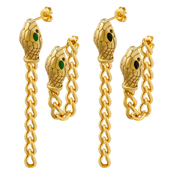 Cold wind earrings, personalized creativity, black and green eyes, snake head thick chain, popular non-collision titanium steel stud earrings for women