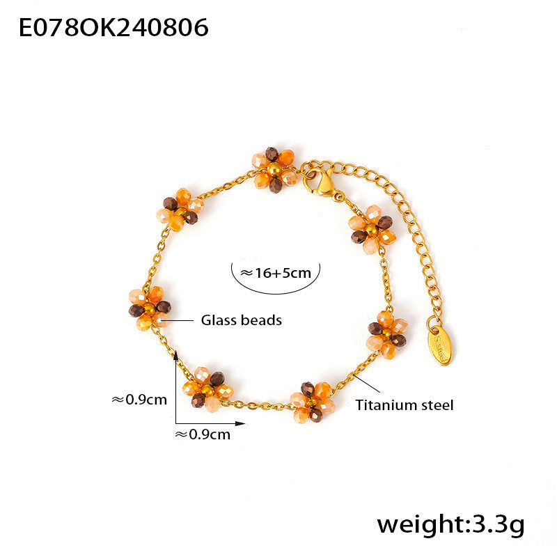 Beaded necklace bracelet anklet handmade girl flower glass bead titanium steel chain jewelry set 99