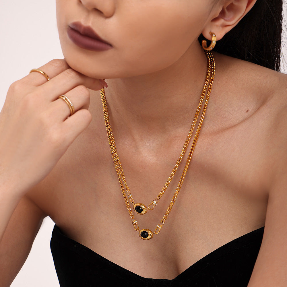 Black agate horseshoe buckle with diamond set necklace bracelet open bracelet jewelry stainless steel plated 18k gold