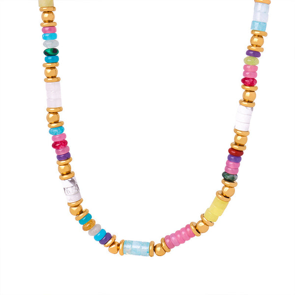 New retro ethnic style personalized niche design mixed color natural stone handmade beaded necklace jewelry pp