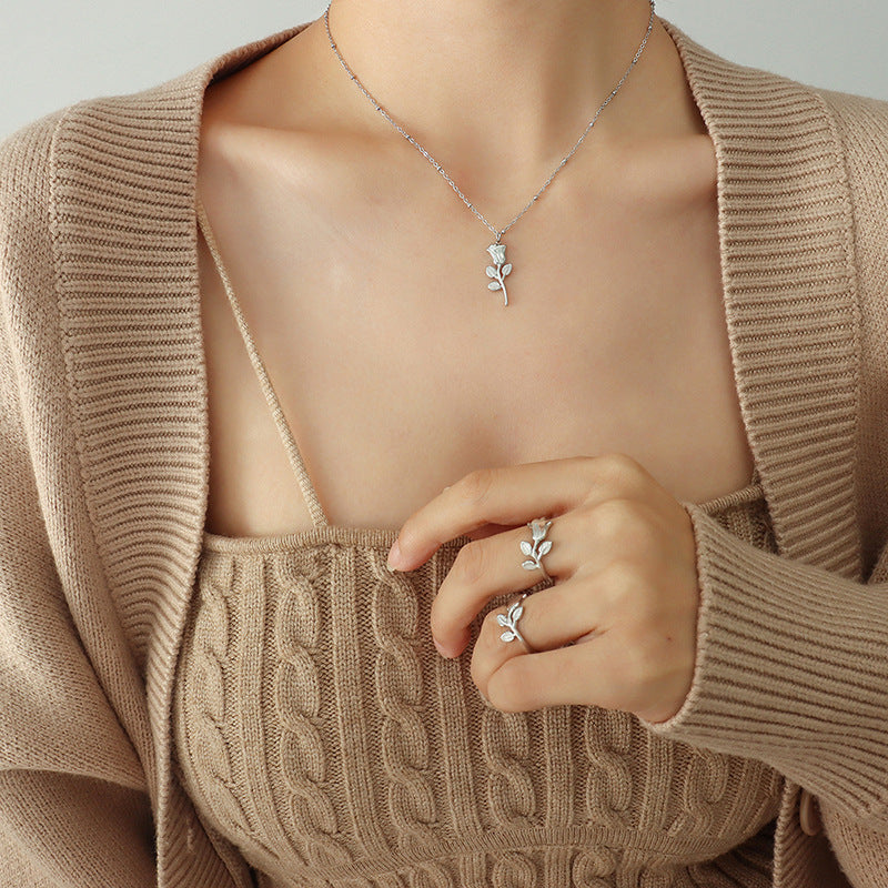 Trendy versatile fashion sweet Internet celebrity accessories, rose ring necklace jewelry set wholesale pp