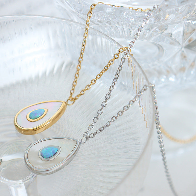 Cold Feng Shui Drop Shape Pendant Necklace Female, White Sea Pui'ao Gemstone Inlaid Versatile Fashion Clavicle Chain