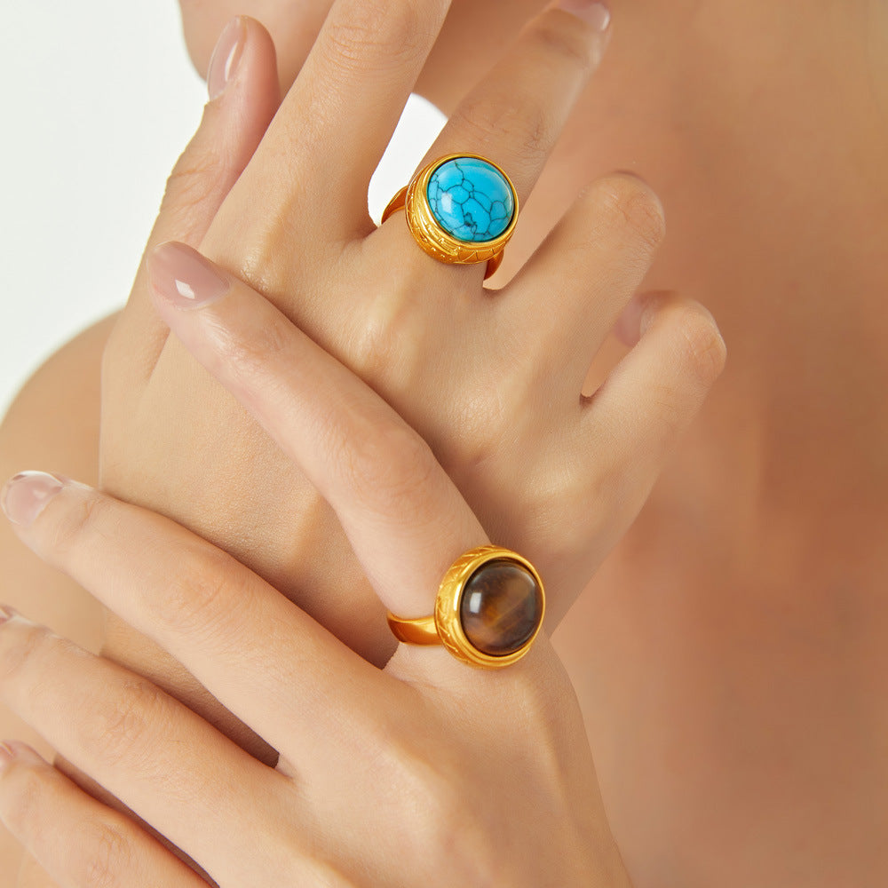 Retro personality simple niche texture lace temperament ring inlaid tiger's eye design titanium steel open ring