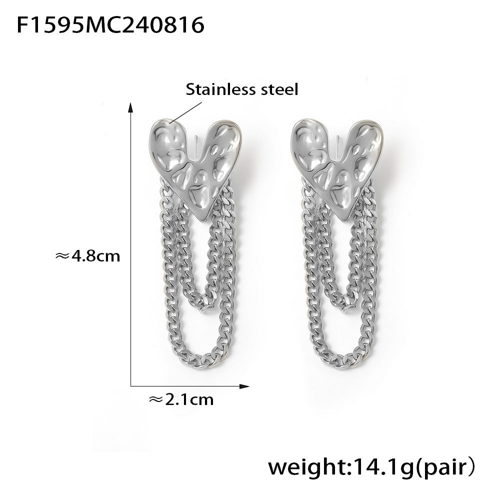 Temperament karst heart stud earrings female retro personality hammer pattern love fringe chain stainless steel earrings wholesale
