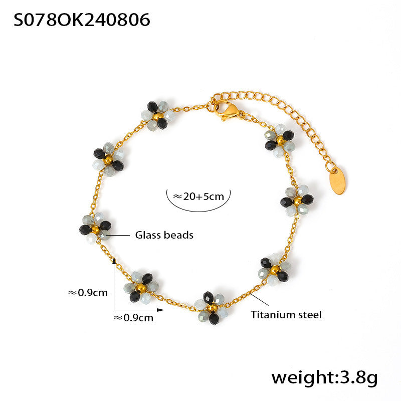 Beaded necklace bracelet anklet handmade girl flower glass bead titanium steel chain jewelry set 99