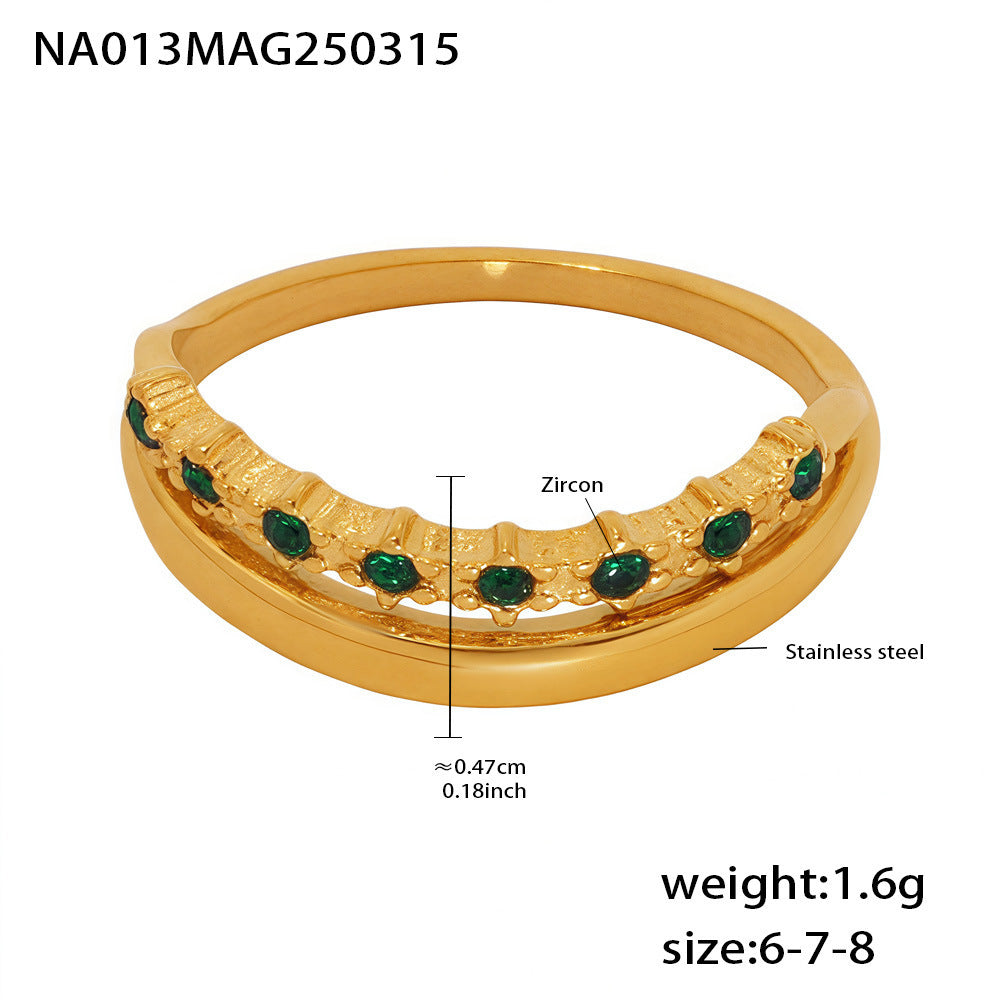 Simple light luxury stainless steel green zircon ring women's tail ring electroplating 18k real gold does not fade