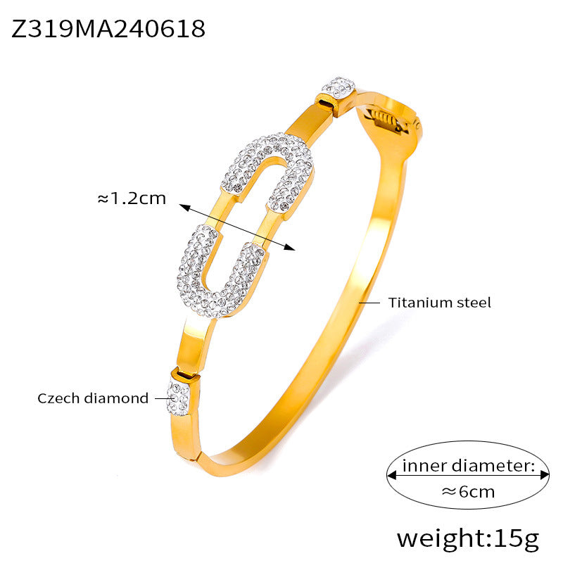 Simple niche personality bracelet geometric diamond-set design sense back-shaped spring titanium steel gold-plated bracelet pp