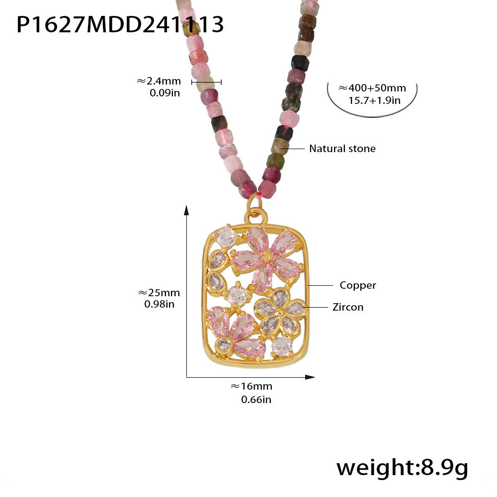 Color zircon small flower copper pendant necklace natural stone handmade beaded sugar cube luxury collarbone accessories spot