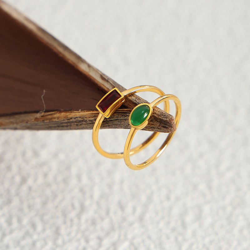 Personalized titanium steel gold-plated ring inlaid with colorful spar women's ring