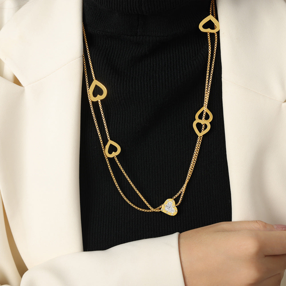 New high-end fashion versatile niche design titanium steel gold-plated double-layer love sweater chain necklace jewelry pp