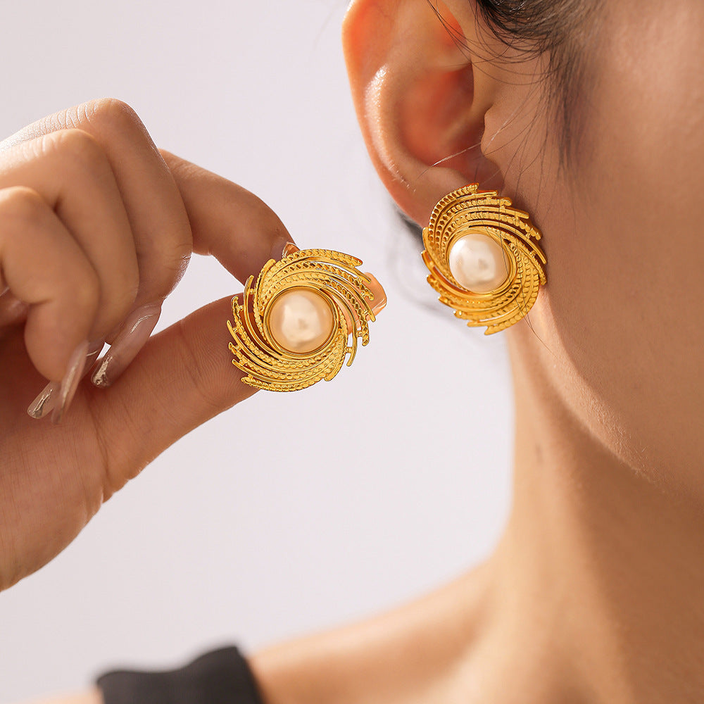 Cross-border new geometric thread inlaid imitation pearl earrings women's titanium steel plated 18k gold braided texture stud earrings pp