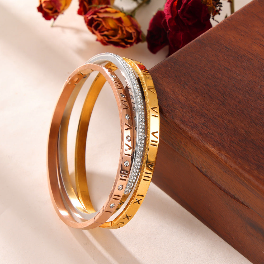Retro niche personality unique simple jewelry engraved Roman numerals design sense diamond inlaid titanium steel gold plated bracelet